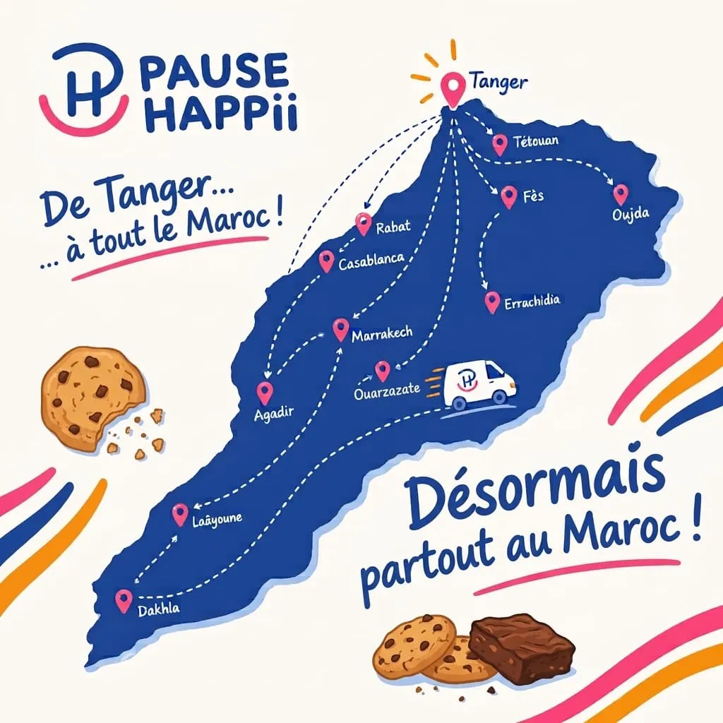 Carte du Maroc avec les principales villes de livraison de Pause Happii Carte du Maroc avec les principales villes de livraison où Pause Happii propose, après avoir commencé par Tanger, de la livraison de cookies, brownies, etc.